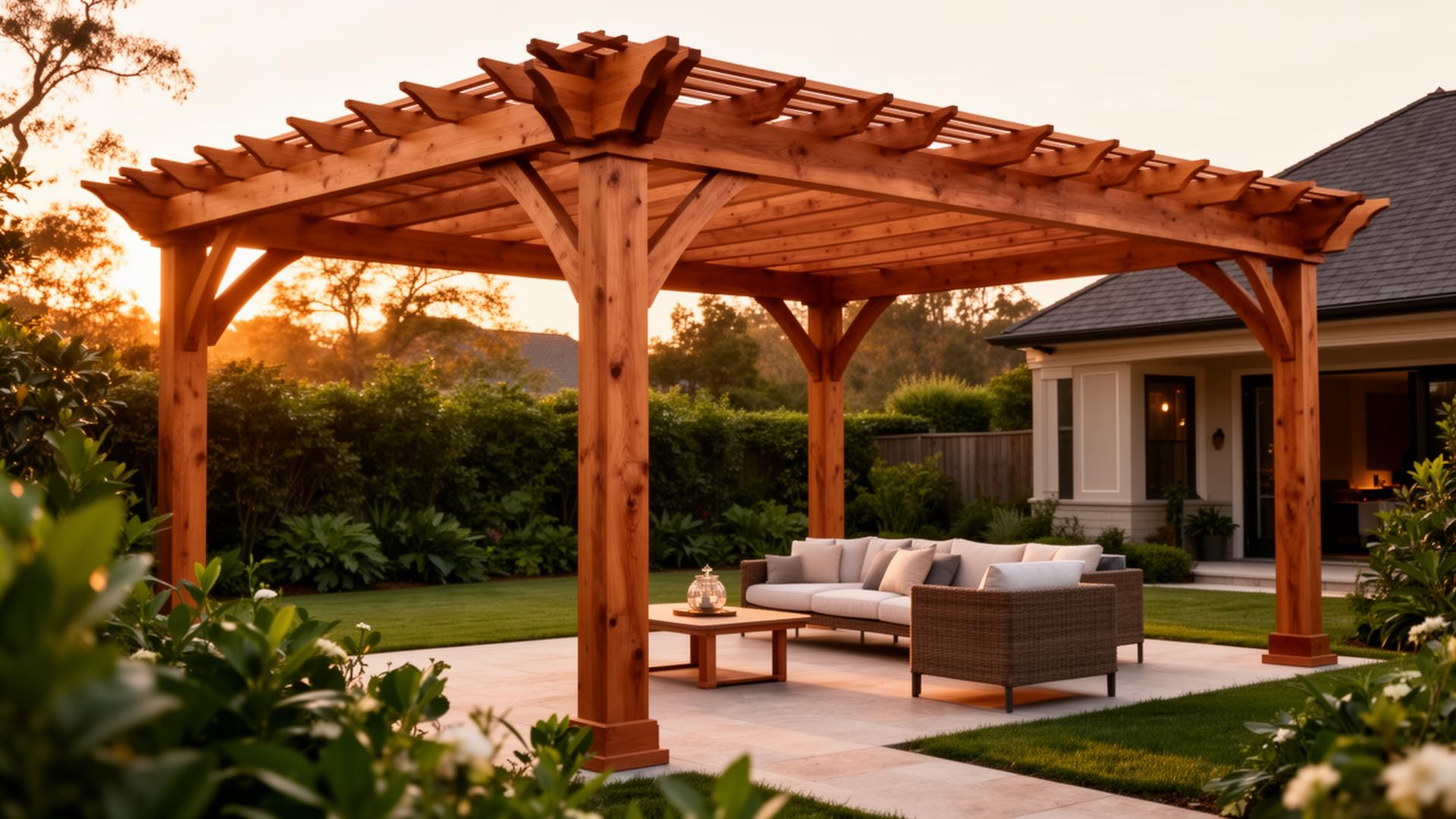 Cedar timber pergola over a residential garden patio at golden hour